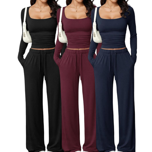 Womens Casual Pants And Square Neck Long Sleeve Cropped Top Set