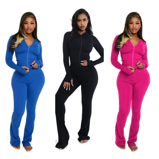 Casual Solid-Color Two-Piece Hooded Cardigan Set